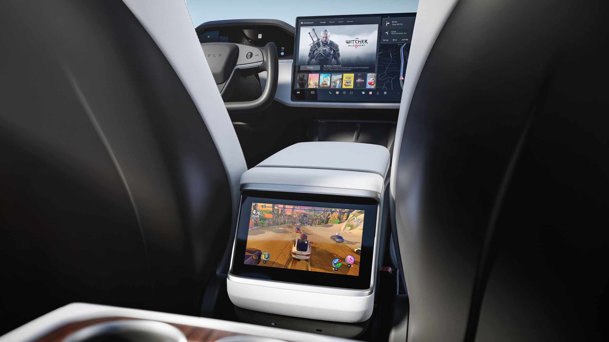 Tesla Model S Plaid center console and rear passenger screen with Netflix and console games