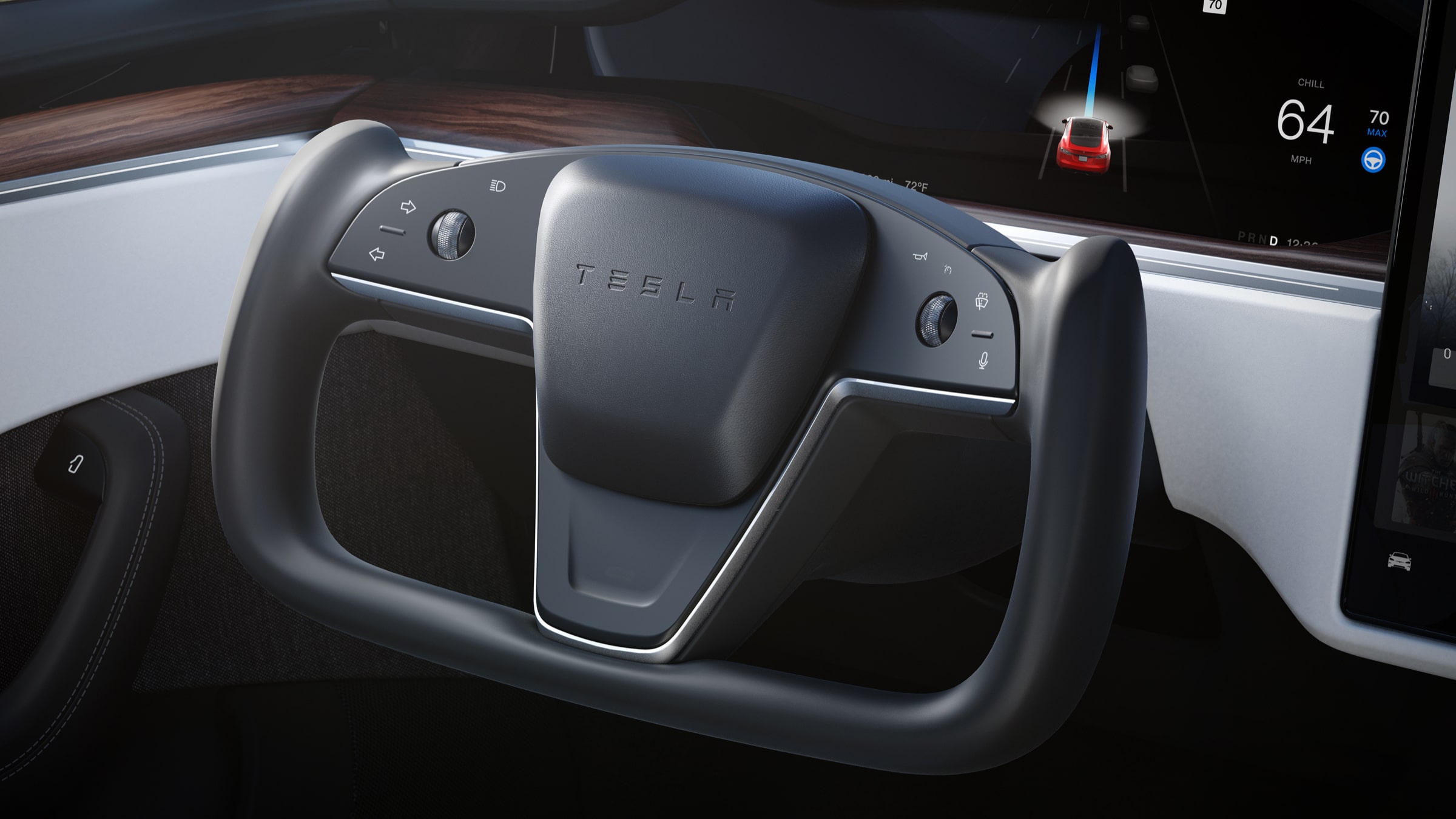 Tesla Model S Plaid steering wheel showing steering wheel controls and drivers Interface