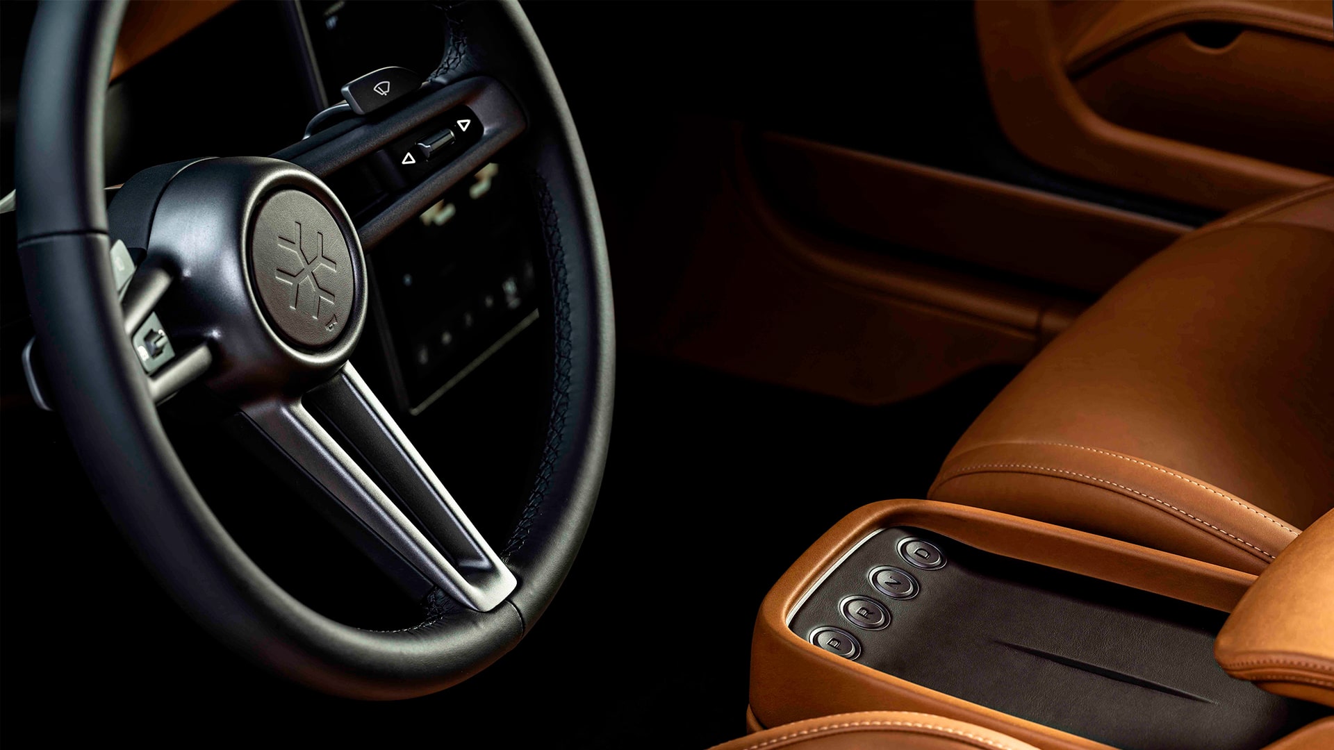 Details of the Charge Cars Interior including central console and steering wheel