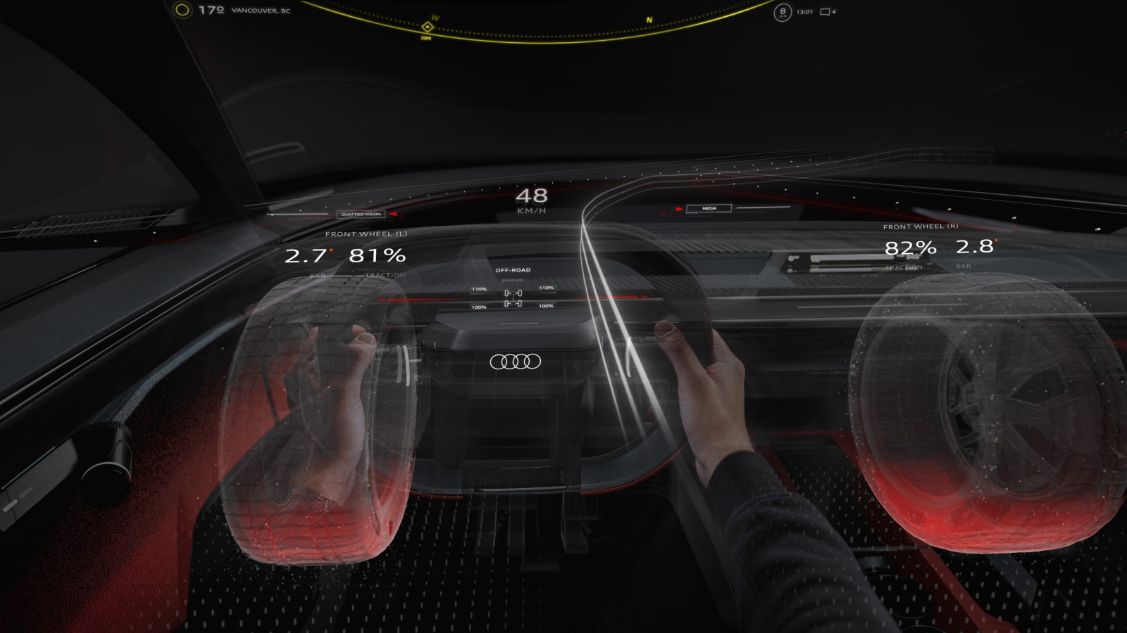 Audi Activesphere mixed reality mode enabling the driver to see through the cars body