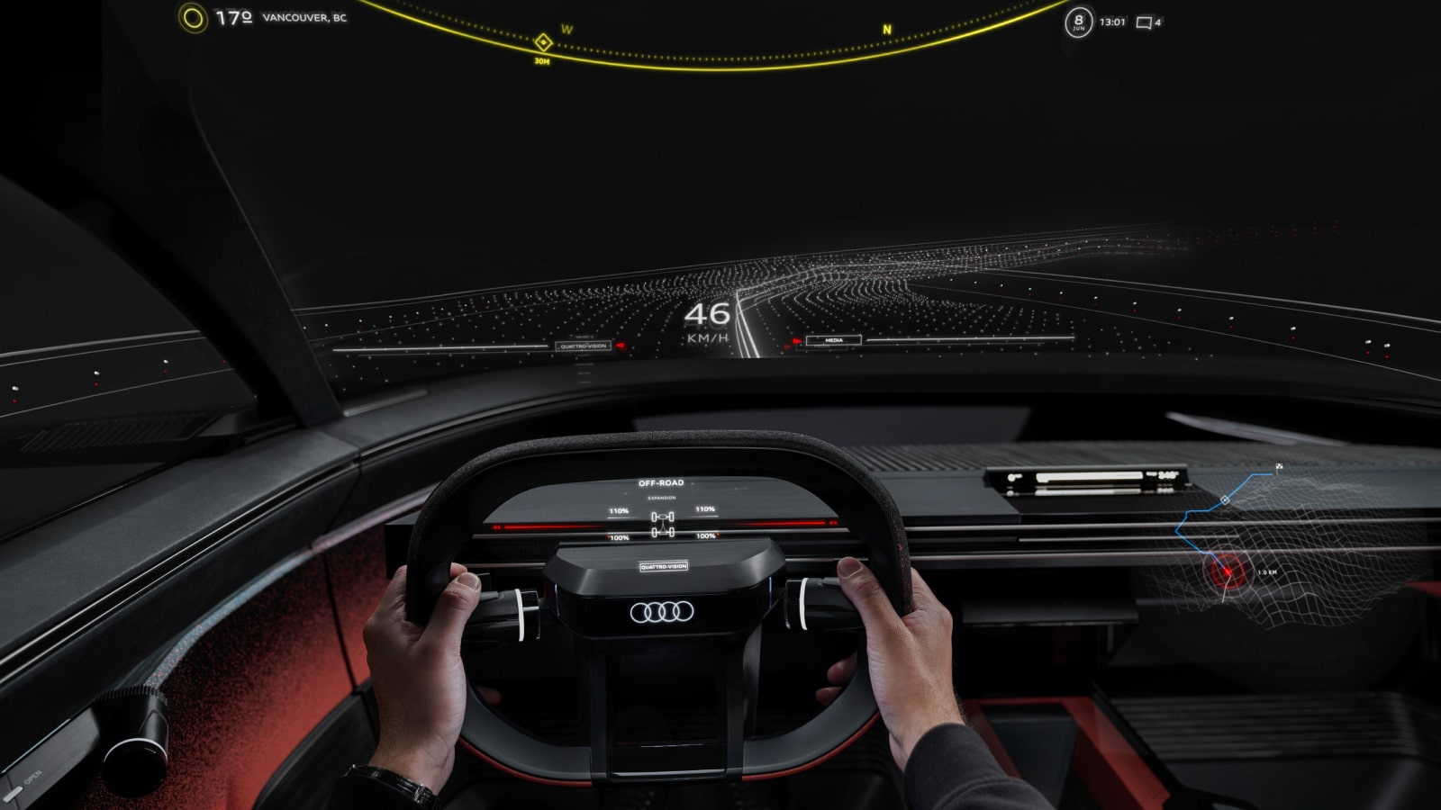 Audi Activesphere Augmented Reality screen, mapping the route out in front of the driver