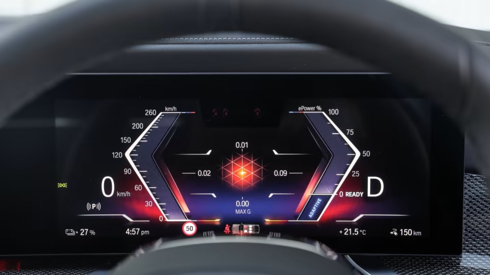 BMW i7 driver interface - sport mode showing G-Force