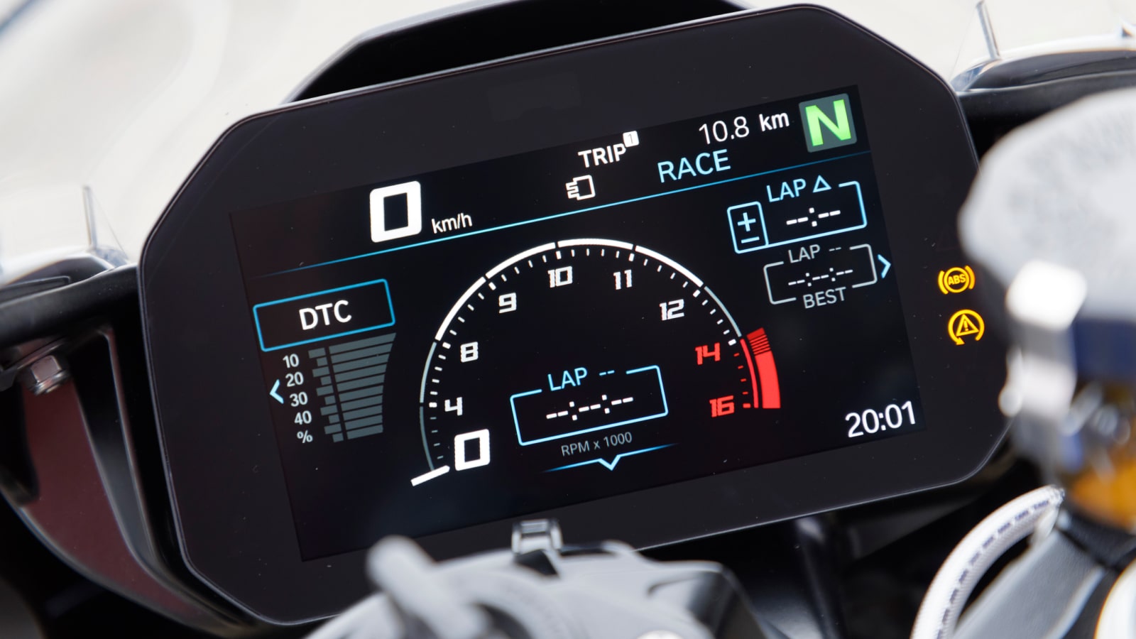 BMW S1000RR Digital Interface showing rev counter and laptimer