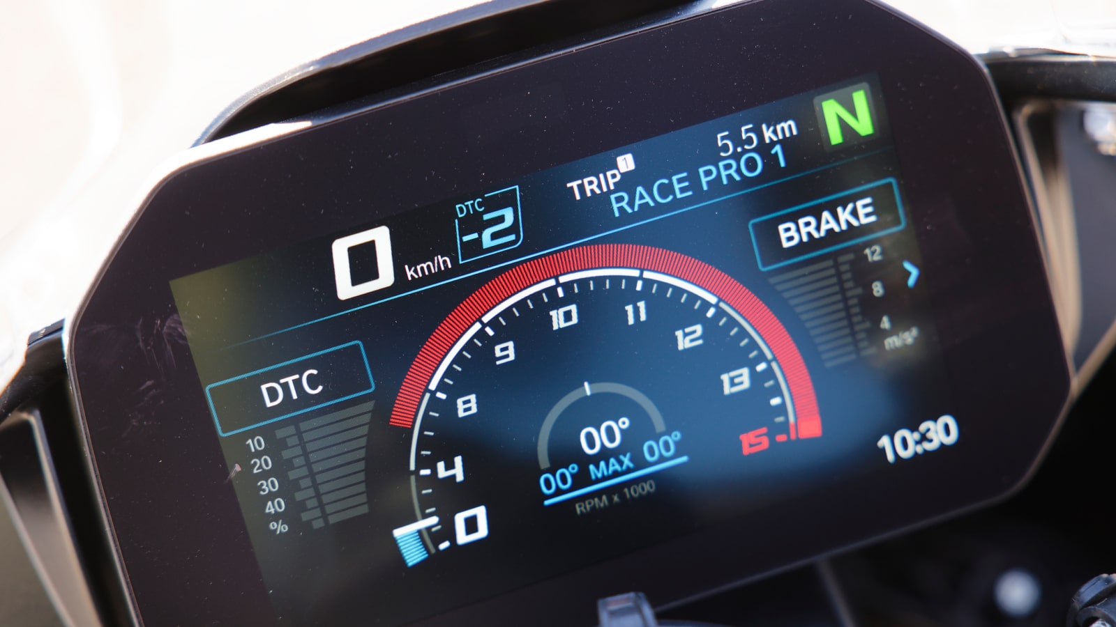 BMW S1000RR Digital Interface race pro mode showing alternative rev counter and lean angle
