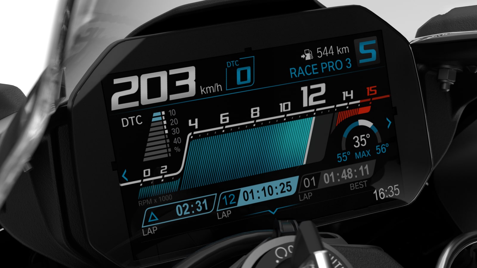 BMW S1000RR Digital Interface race pro mode showing lean angle, rev counter and lap times