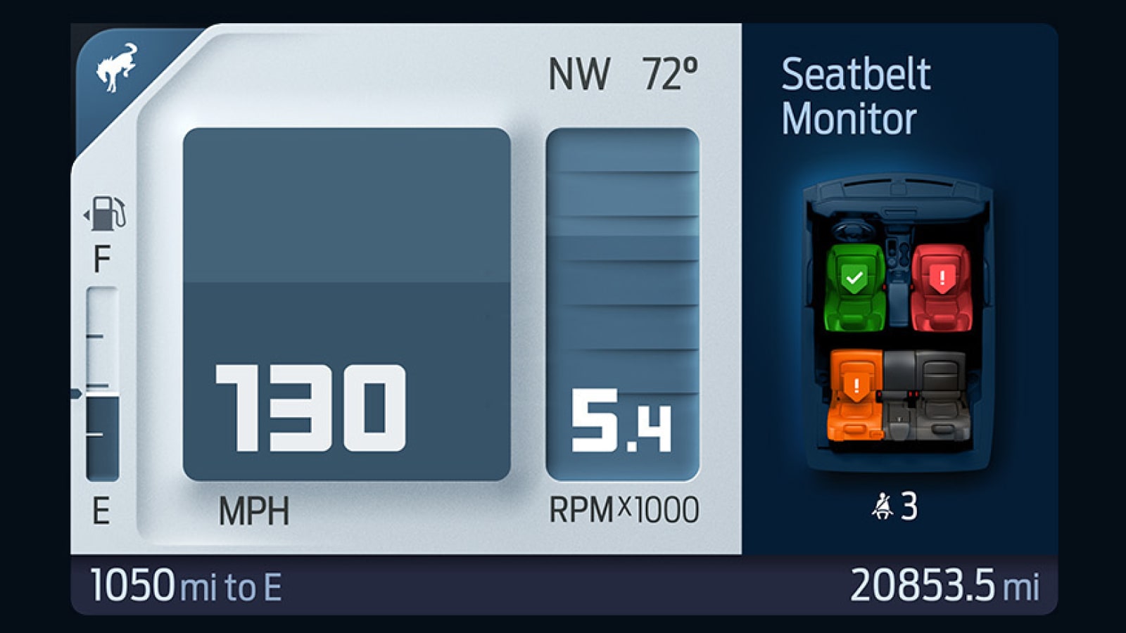 Ford Bronco interface showing the seat belt monitor